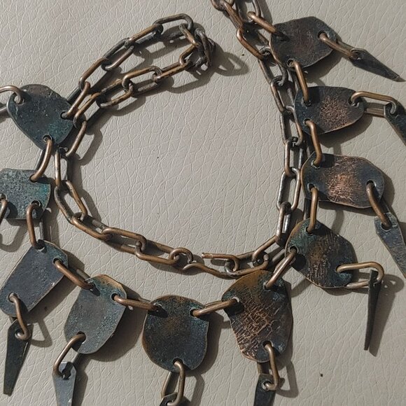 Vintage Brass Bib Necklace Etched Abstract Adjustable Chain Tribal Statement - Picture 15 of 16